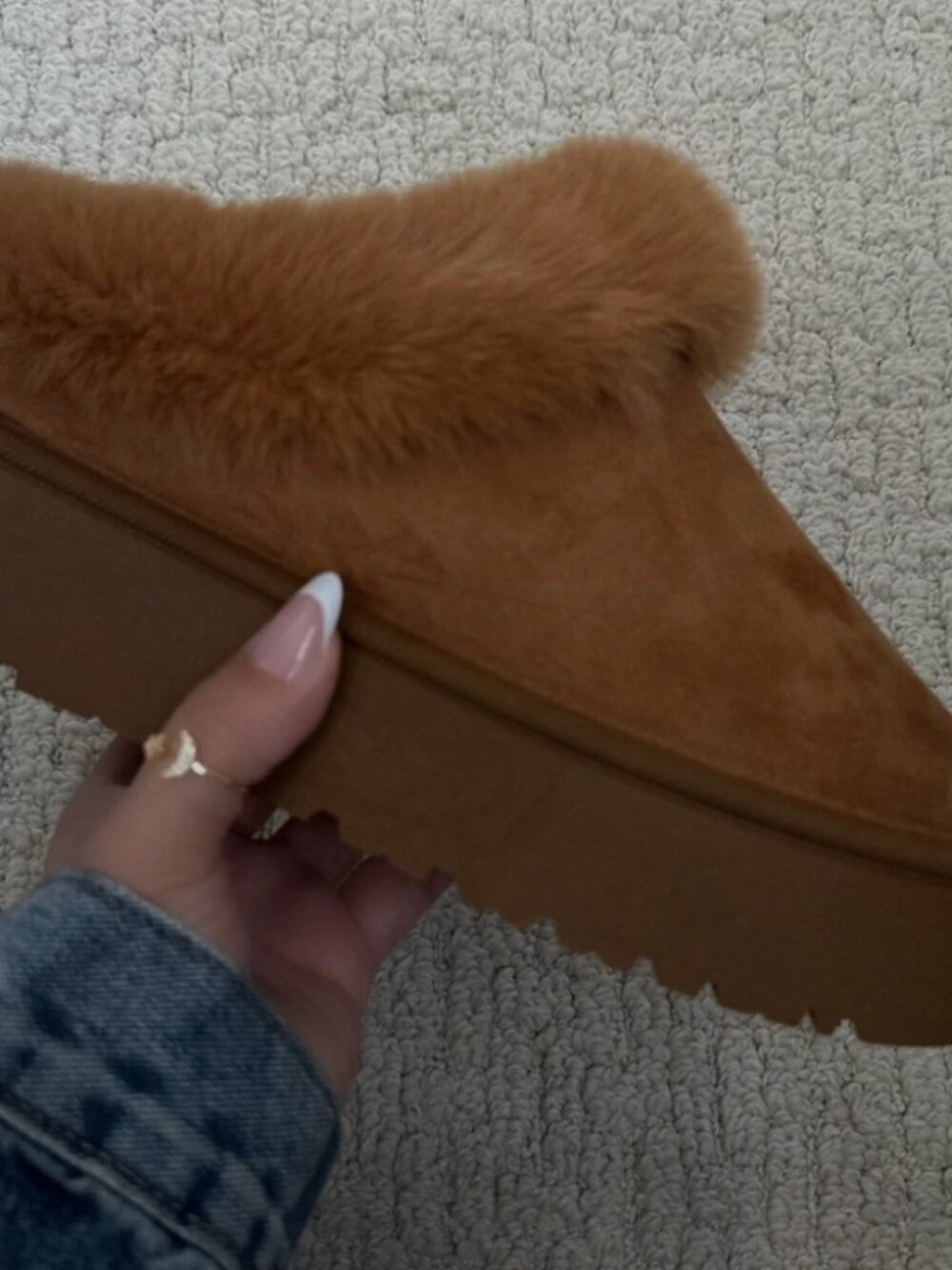 CAMEL FUR LINED PLATFORM SLIPPERS
